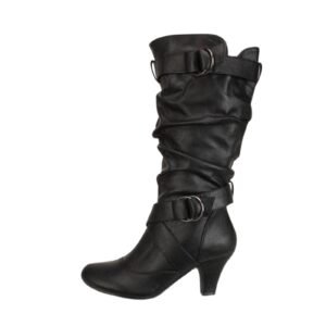 Comfortable Mid-Calf Slouchy Boots for Women with Chunky Heel and Buckle Strap