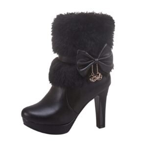 Fashionable Mid-Calf Chunky Platform Boots for Women with Furry Collar